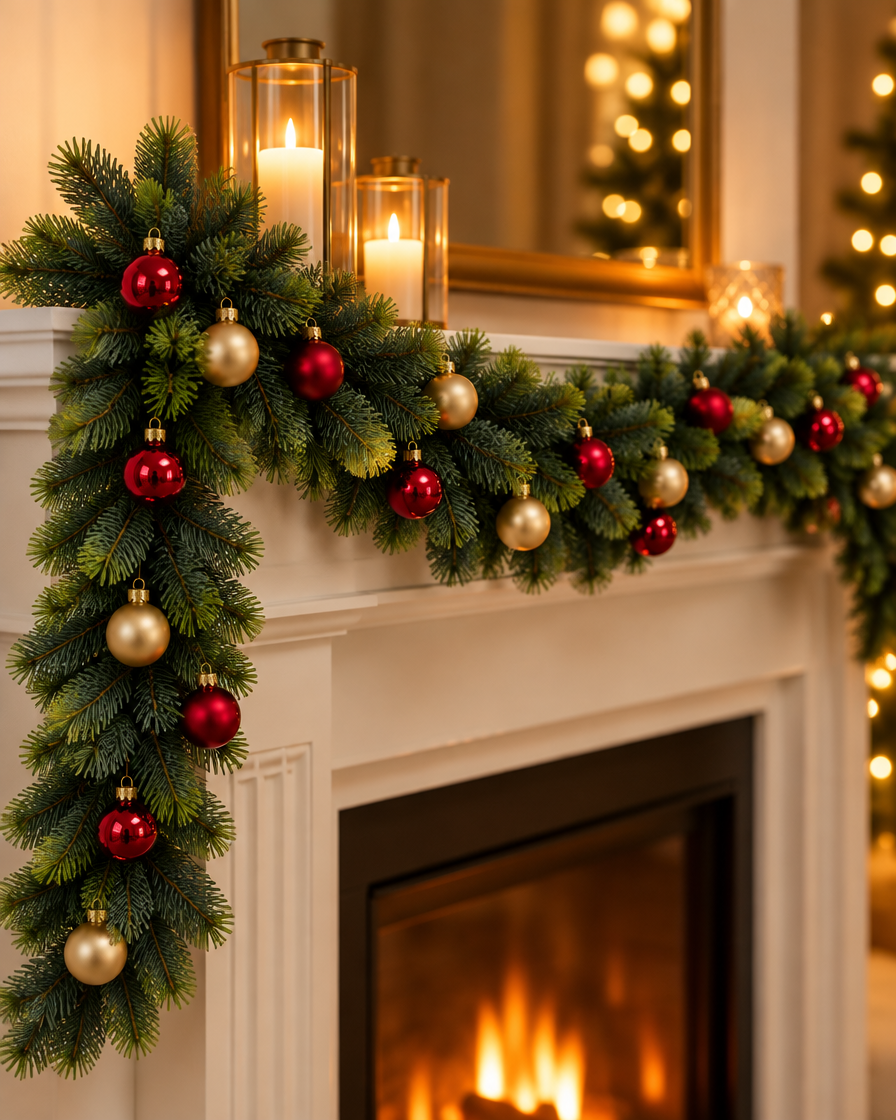 Yılbaşı toplarıyla süslenmiş garland